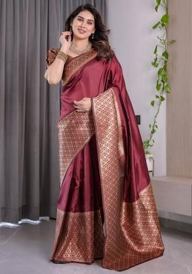 Maroon Zari Work Silk Saree Set