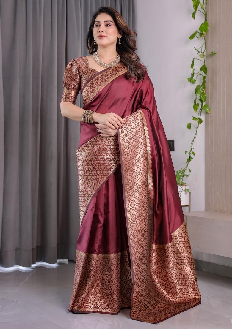 Maroon Zari Work Silk Saree Set - Indya