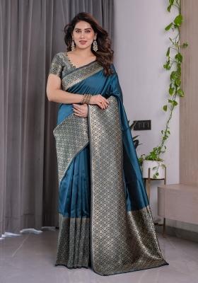 Blue Zari Work Silk Saree Set