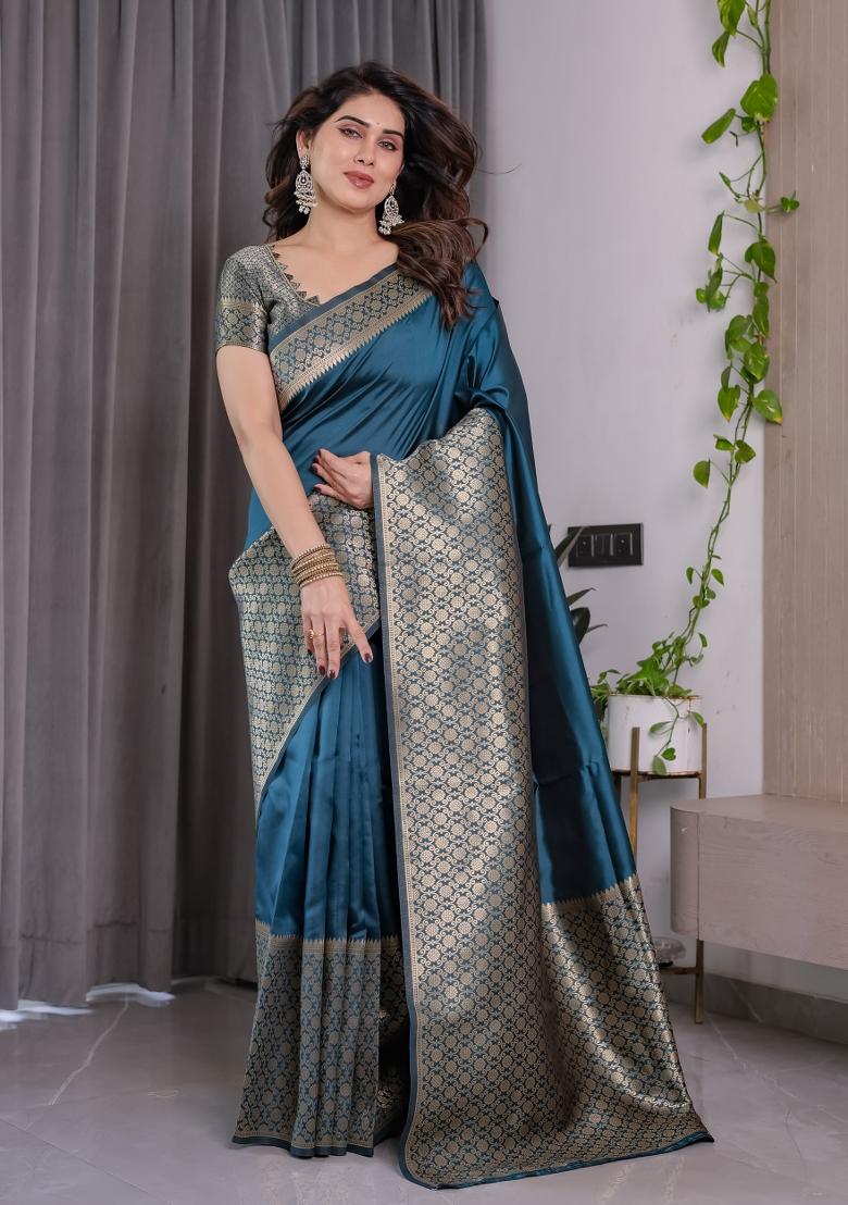 Blue Zari Work Silk Saree Set - Indya