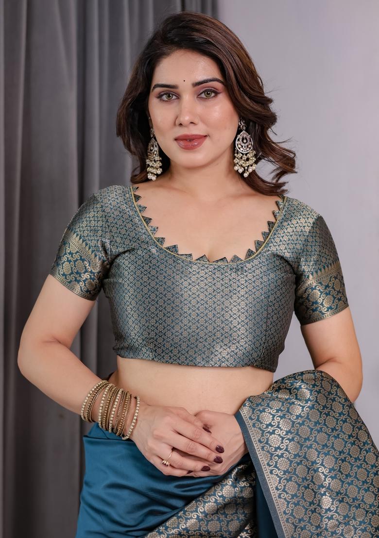 Blue Zari Work Silk Saree Set - Indya