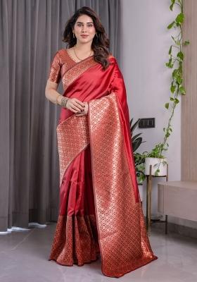 Red Zari Work Silk Saree Set