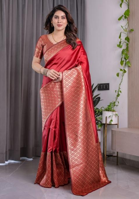 Red Zari Work Silk Saree Set