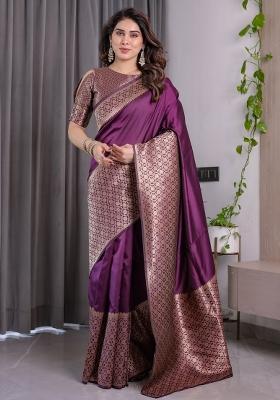 Wine Zari Work Silk Saree Set