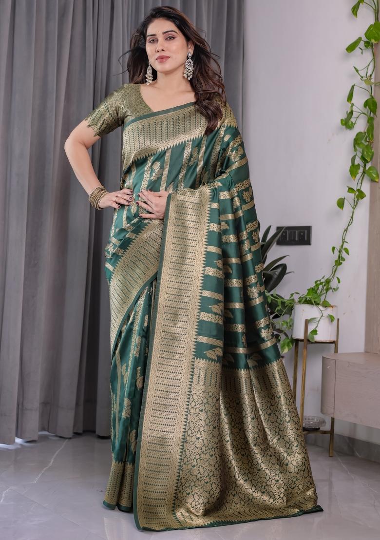 Green Zari Work Silk Saree Set - Indya