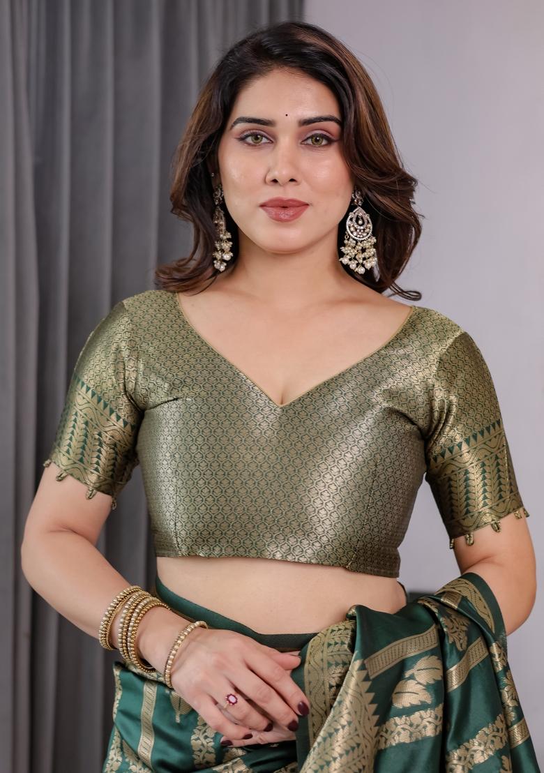 Green Zari Work Silk Saree Set - Indya
