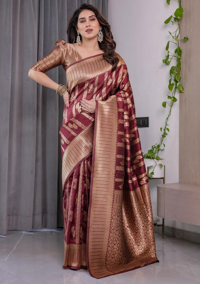 Maroon Zari Work Silk Saree Set - Indya