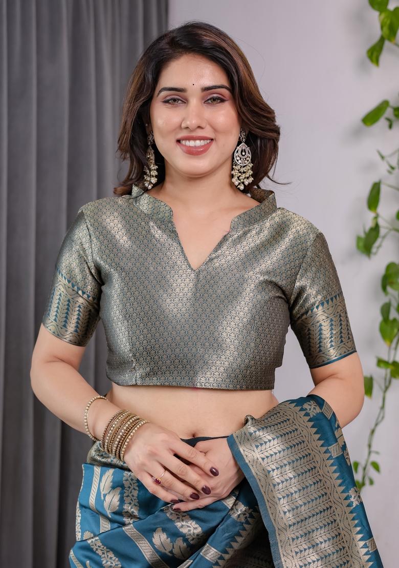 Blue Zari Work Silk Saree Set - Indya