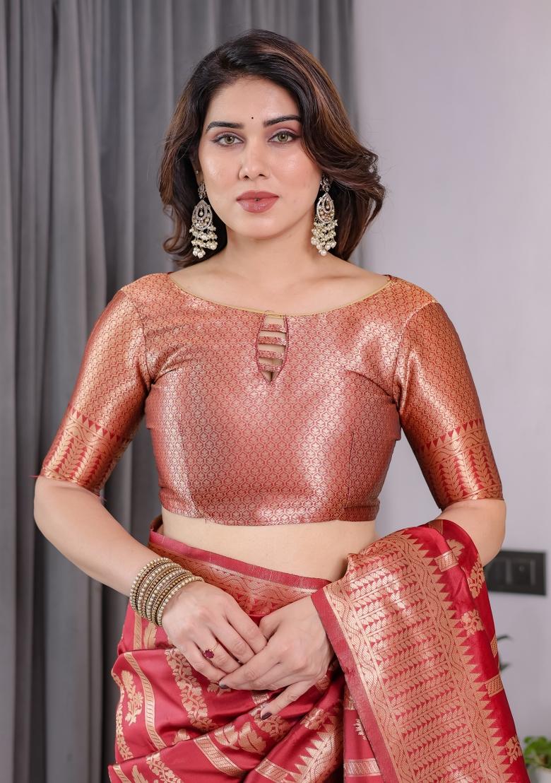 Red Zari Work Silk Saree Set - Indya