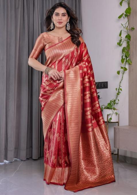 Red Zari Work Silk Saree Set