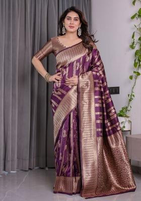 Wine Zari Work Silk Saree Set