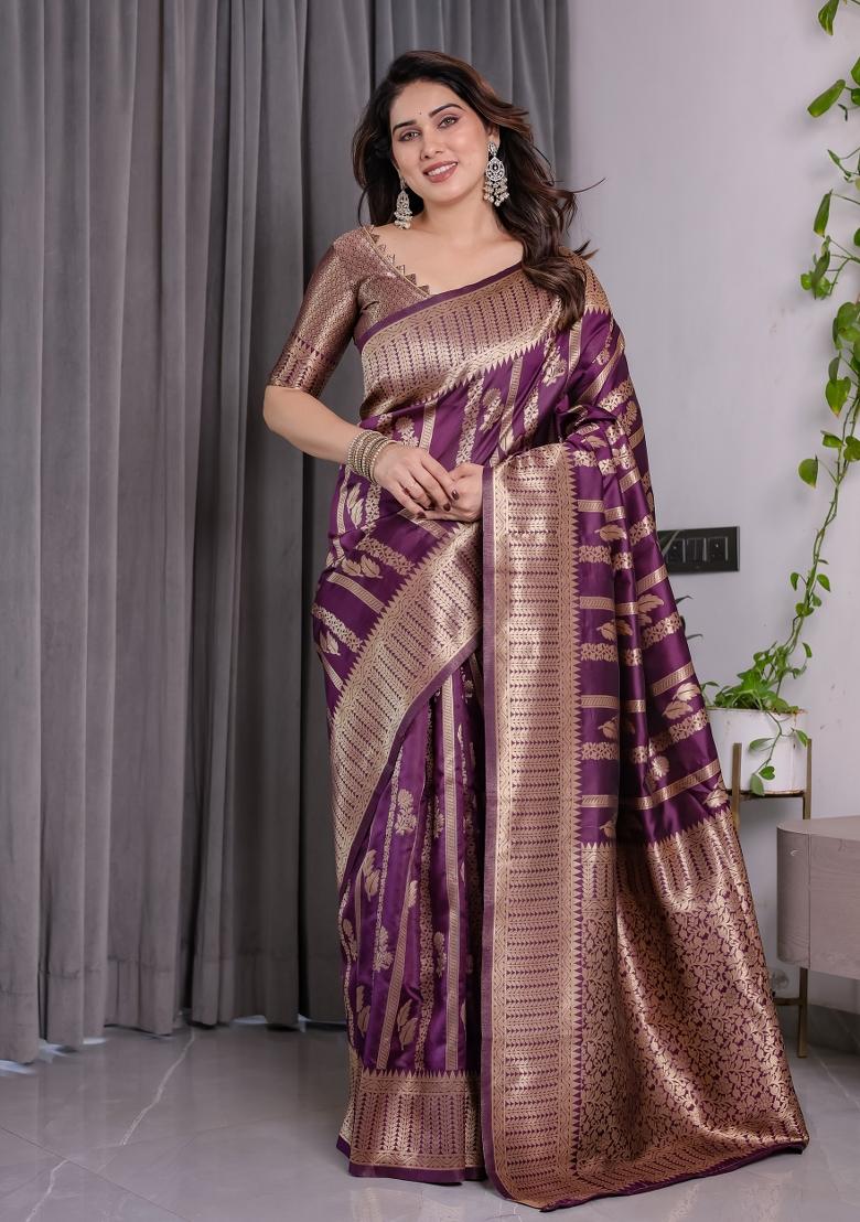 Wine Zari Work Silk Saree Set - Indya