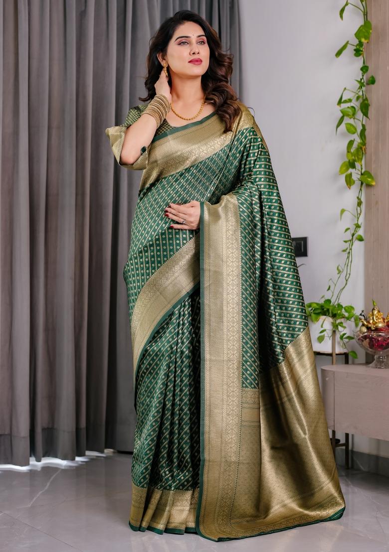 Green Zari Work Silk Saree Set - Indya