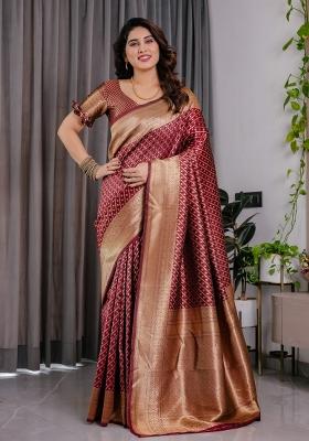 Maroon Zari Work Silk Saree Set