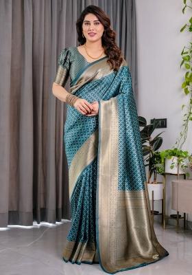 Blue Zari Work Silk Saree Set