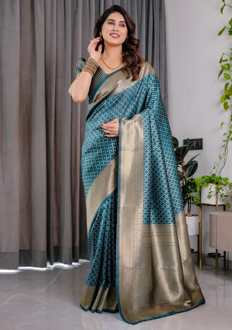 Blue Zari Work Silk Saree Set - Indya