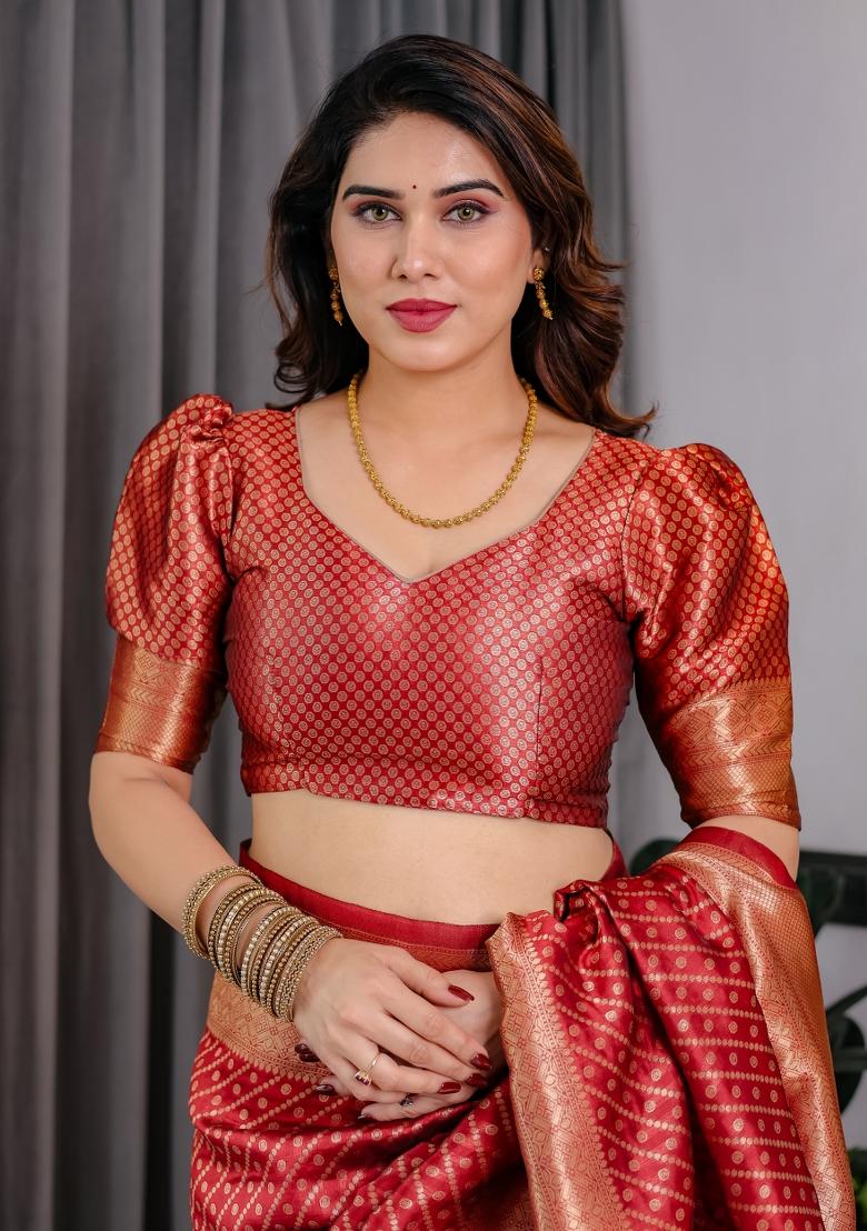 Red Zari Work Silk Saree Set - Indya
