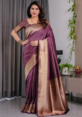Wine Zari Work Silk Saree Set