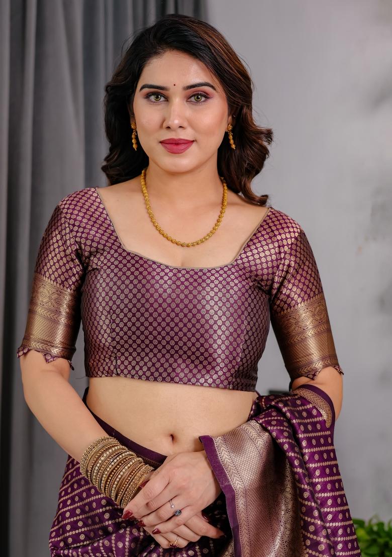 Wine Zari Work Silk Saree Set - Indya