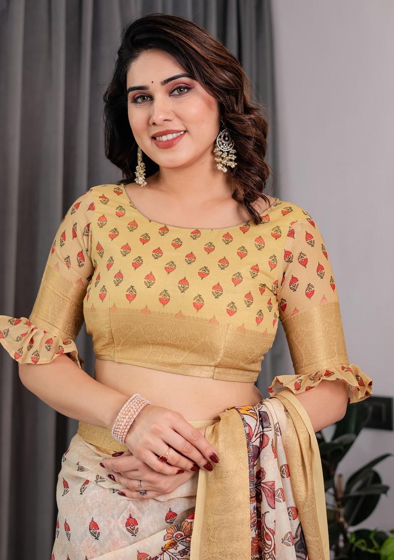 Light Green Printed Linen Saree Set - Indya