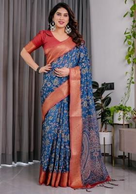 Royal Blue Printed Linen Saree Set