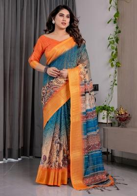 Mustard Printed Linen Saree Set