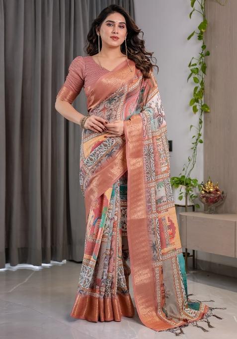 Peach Printed Linen Saree Set