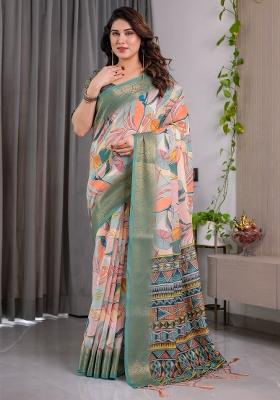 Olive Printed Linen Saree Set