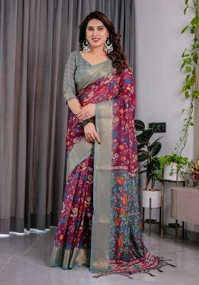 Purple Printed Linen Saree Set