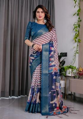 Navy Blue Printed Linen Saree Set