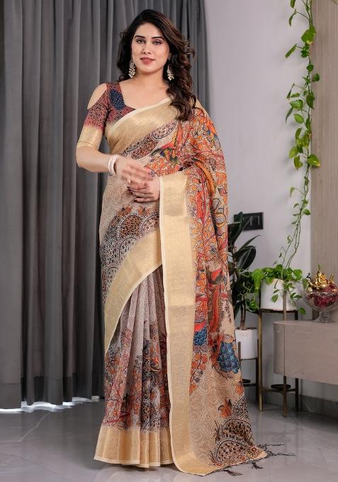 Cream Printed Linen Saree Set