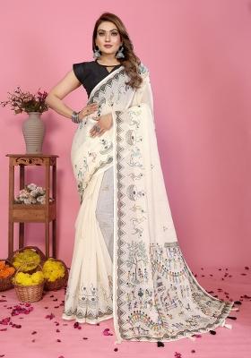 Ivory Printed Linen Saree Set
