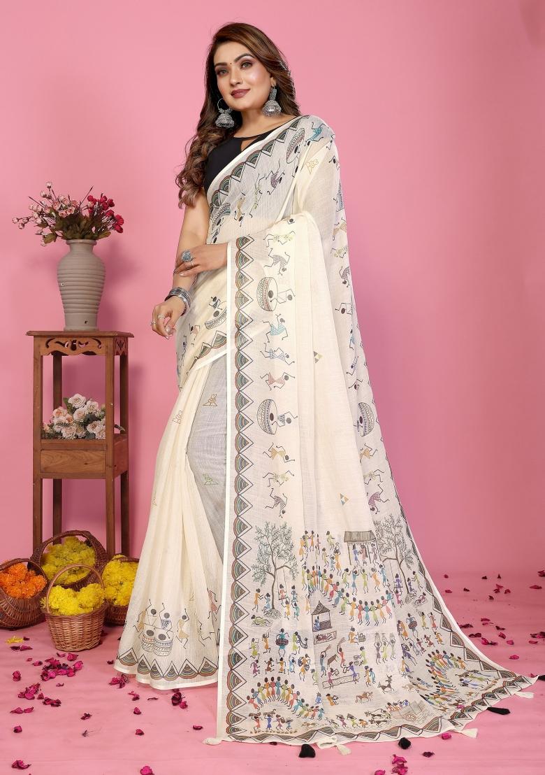 Ivory Printed Linen Saree Set - Indya