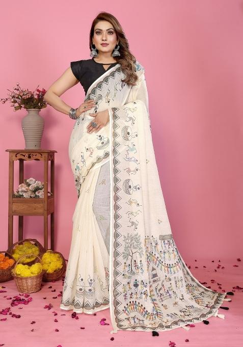 Ivory Printed Linen Saree Set