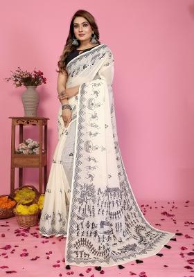 Ivory Printed Linen Saree Set