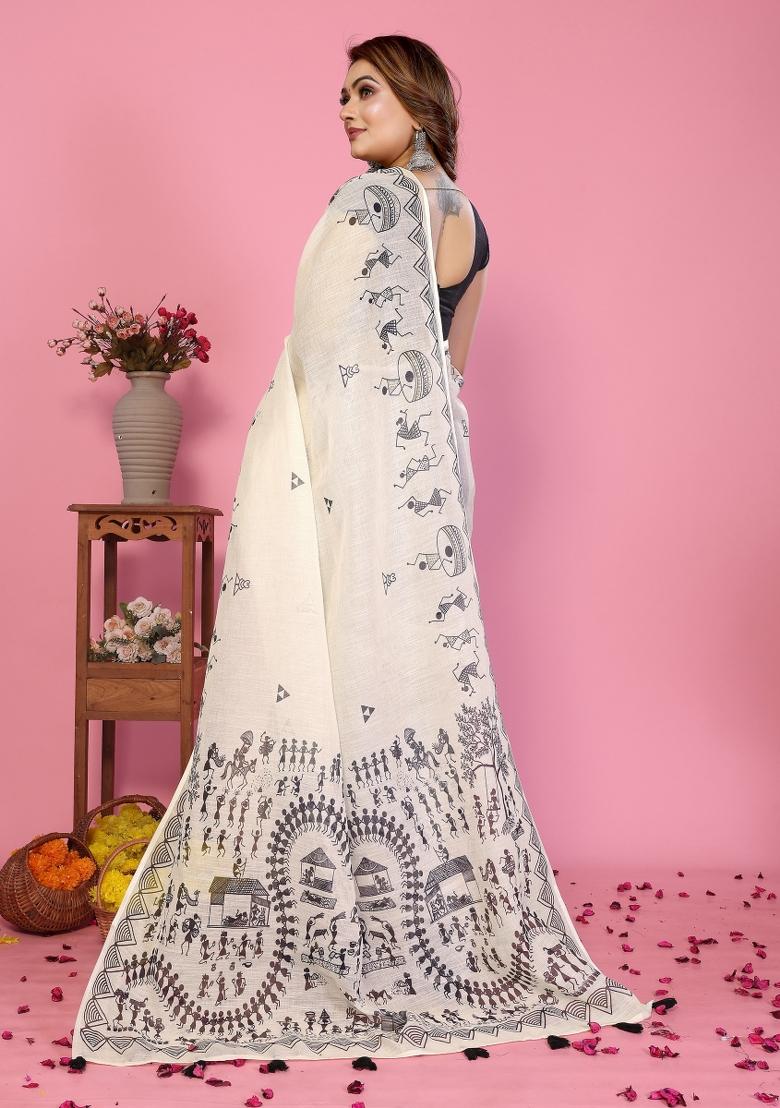 Ivory Printed Linen Saree Set - Indya