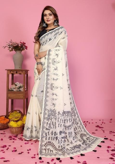 Ivory Printed Linen Saree Set