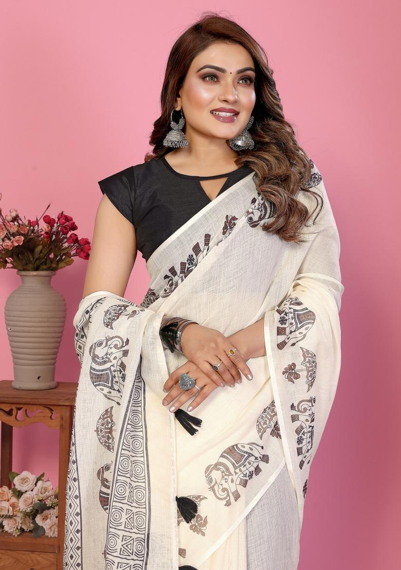 Ivory Printed Linen Saree Set - Indya