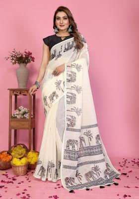 Ivory Printed Linen Saree Set