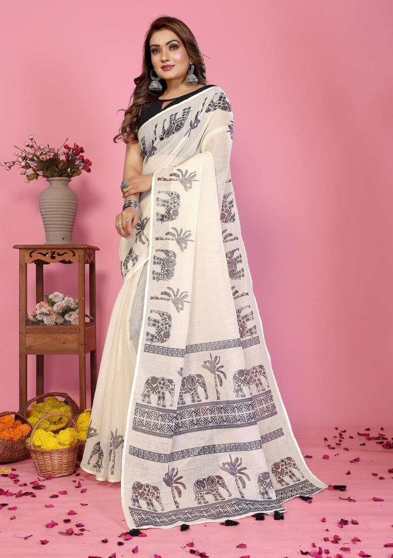 Ivory Printed Linen Saree Set - Indya