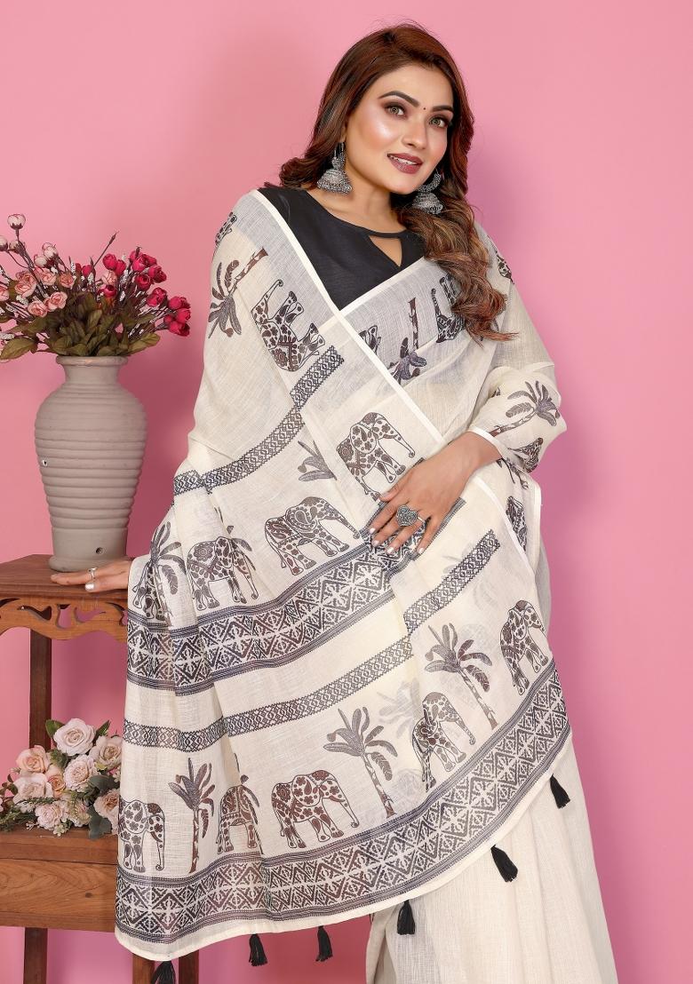 Ivory Printed Linen Saree Set - Indya