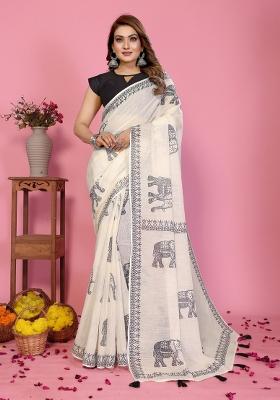 Ivory Printed Linen Saree Set