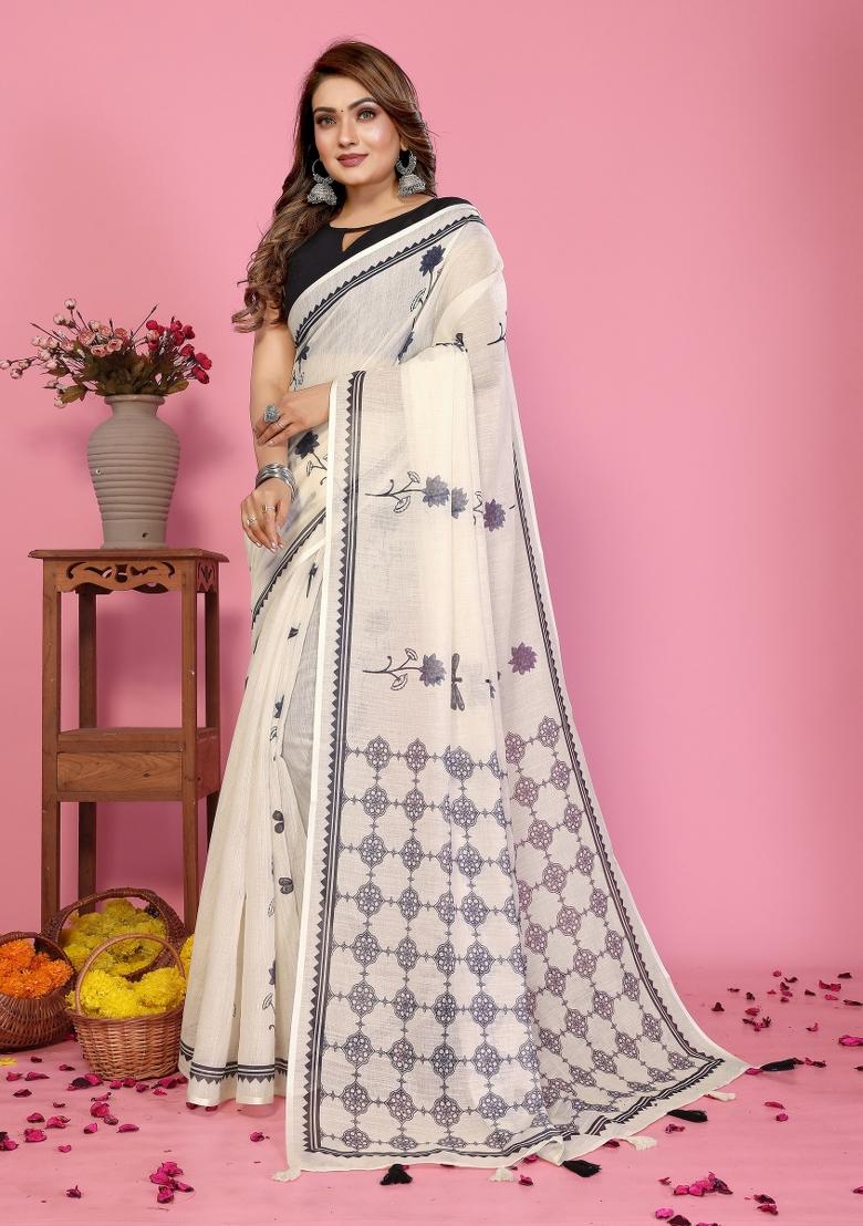Ivory Printed Linen Saree Set - Indya