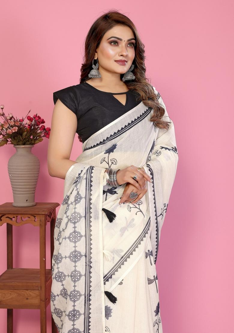 Ivory Printed Linen Saree Set - Indya