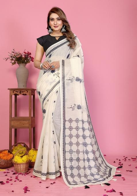 Ivory Printed Linen Saree Set