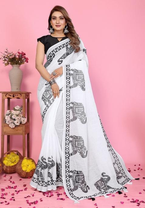 White Printed Linen Saree Set