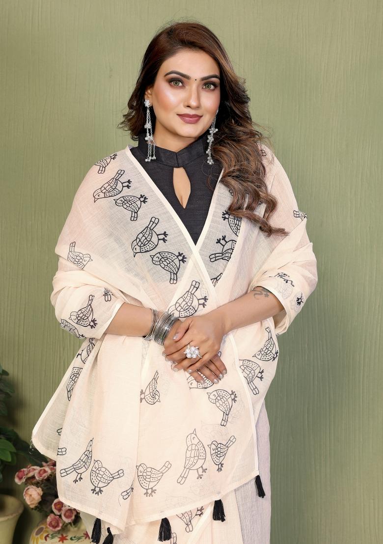 Ivory Printed Linen Saree Set - Indya