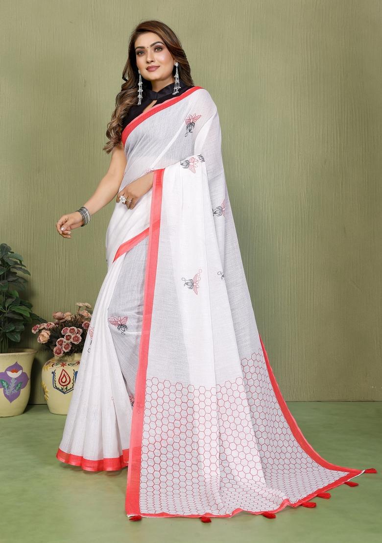 White Printed Linen Saree Set - Indya