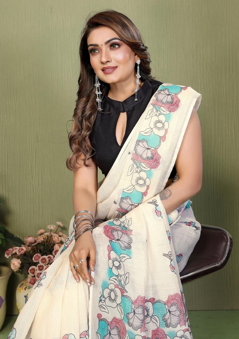 Ivory Printed Linen Saree Set - Indya