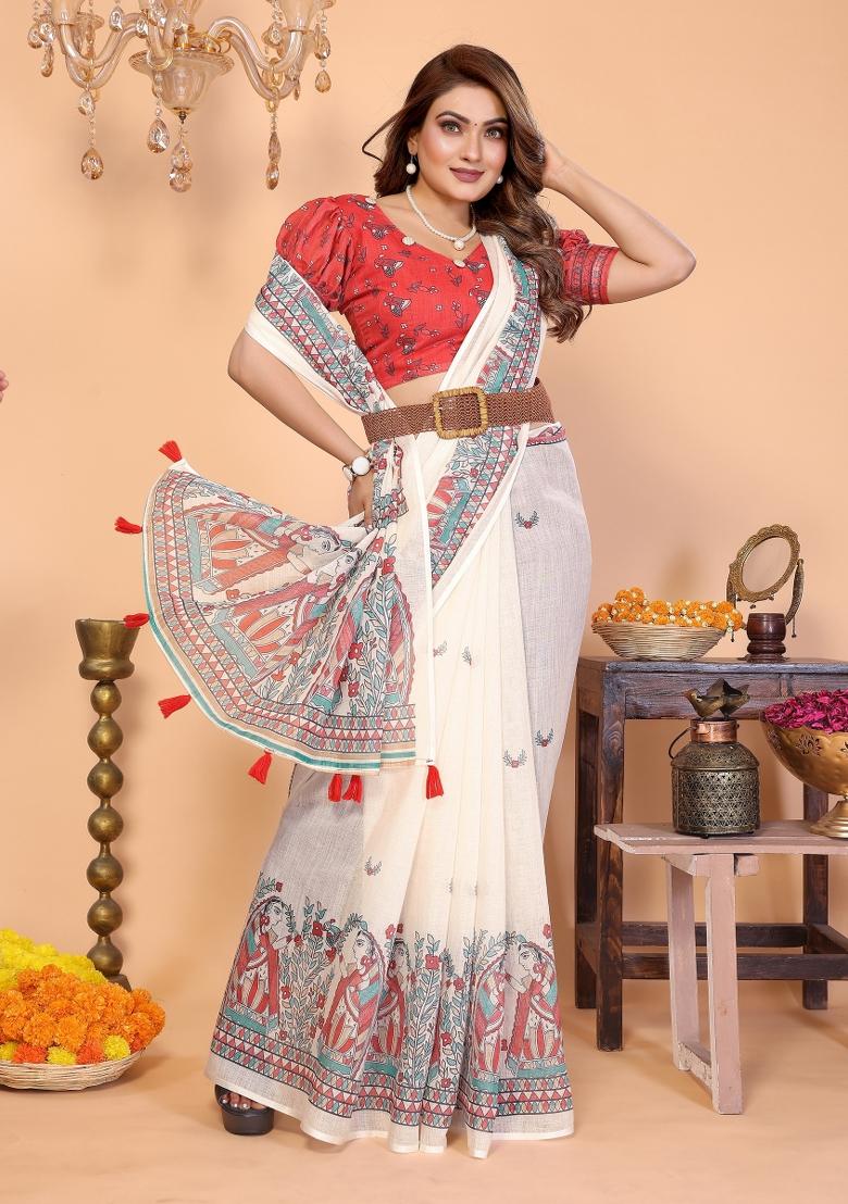 Ivory Printed Linen Saree Set - Indya